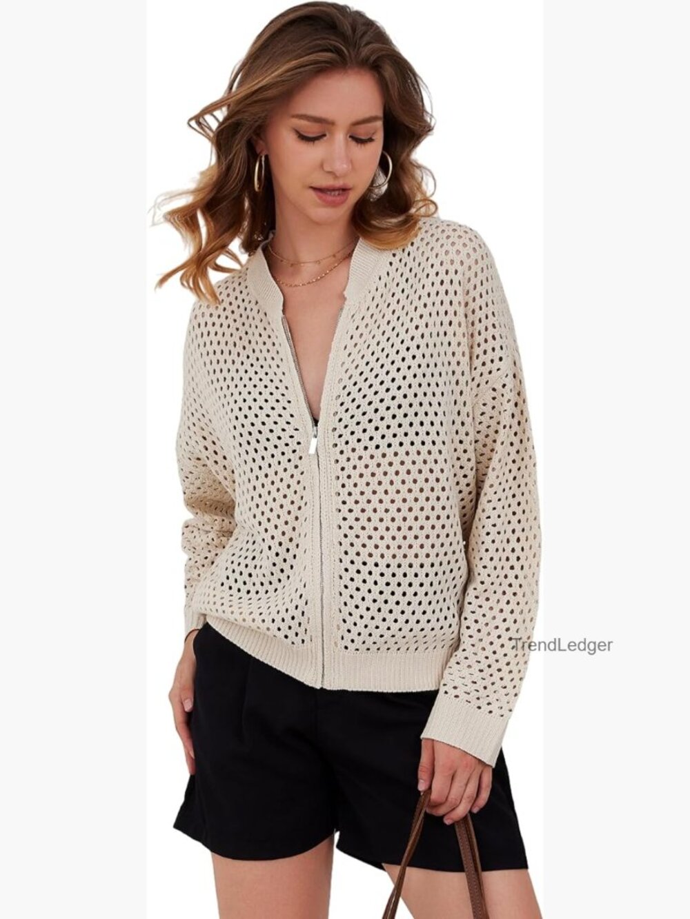 Zip Up Crochet Cardigan Sweater Oversized Long Sleeve Hollow Out Knit Bomber